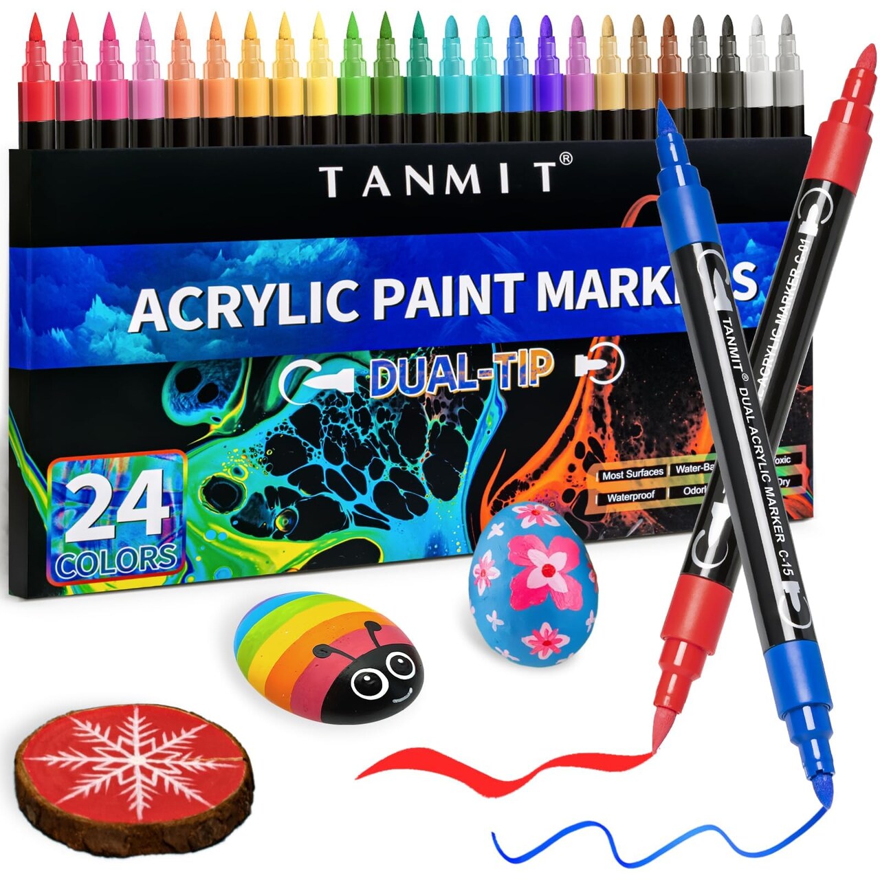 24 Colors Dual Tip Acrylic Paint Markers, Paint Pens Set with Brush Tip and Fine Tip For Fabric, Rock, Wood, Glass, Eggs, Scrapbook, DIY Crafts Making Art Supplies - Teacher Appreciation Gift